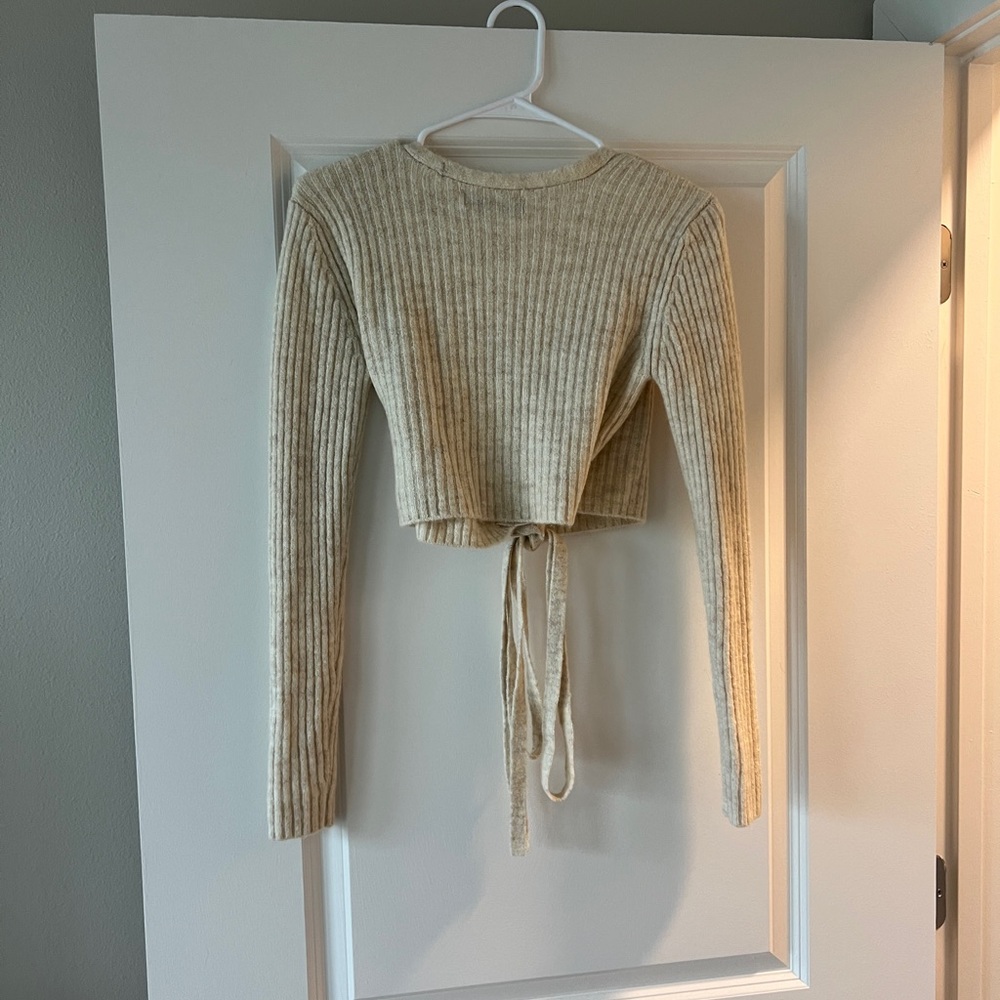 Cream Ribbed Wrap Sweater - Picture 2 of 2